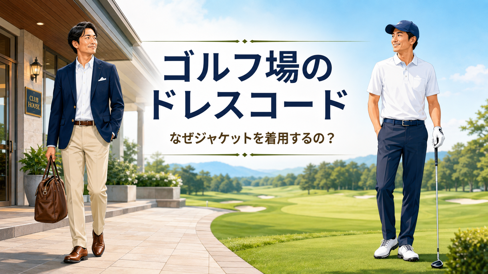 ゴルフ場へジャケットで来場する服装とプレー中のゴルフウェア