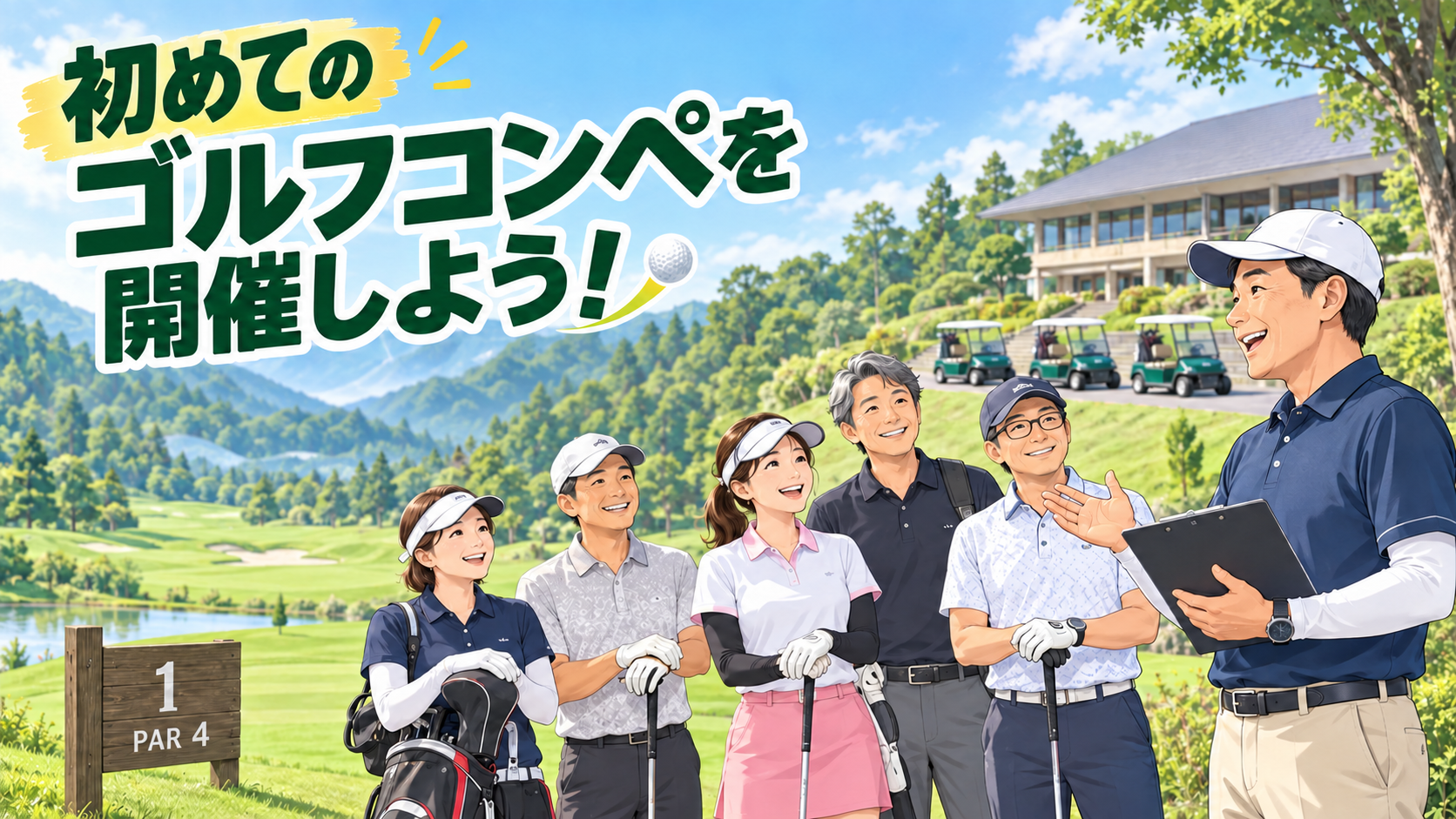 初めての社内ゴルフコンペ開催について説明する幹事と参加者